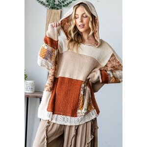 Oli & Hali Washed Patchwork Mixed Fabric Hoodie in Taupe Cream & Rust